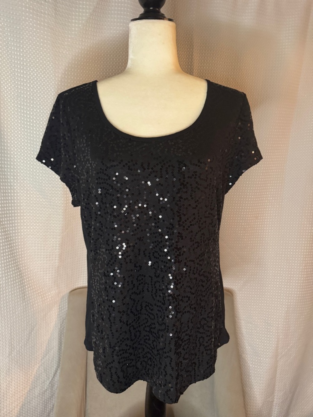 Allison Brittney Black Short Sleeve Sequin Scoop Neck Top